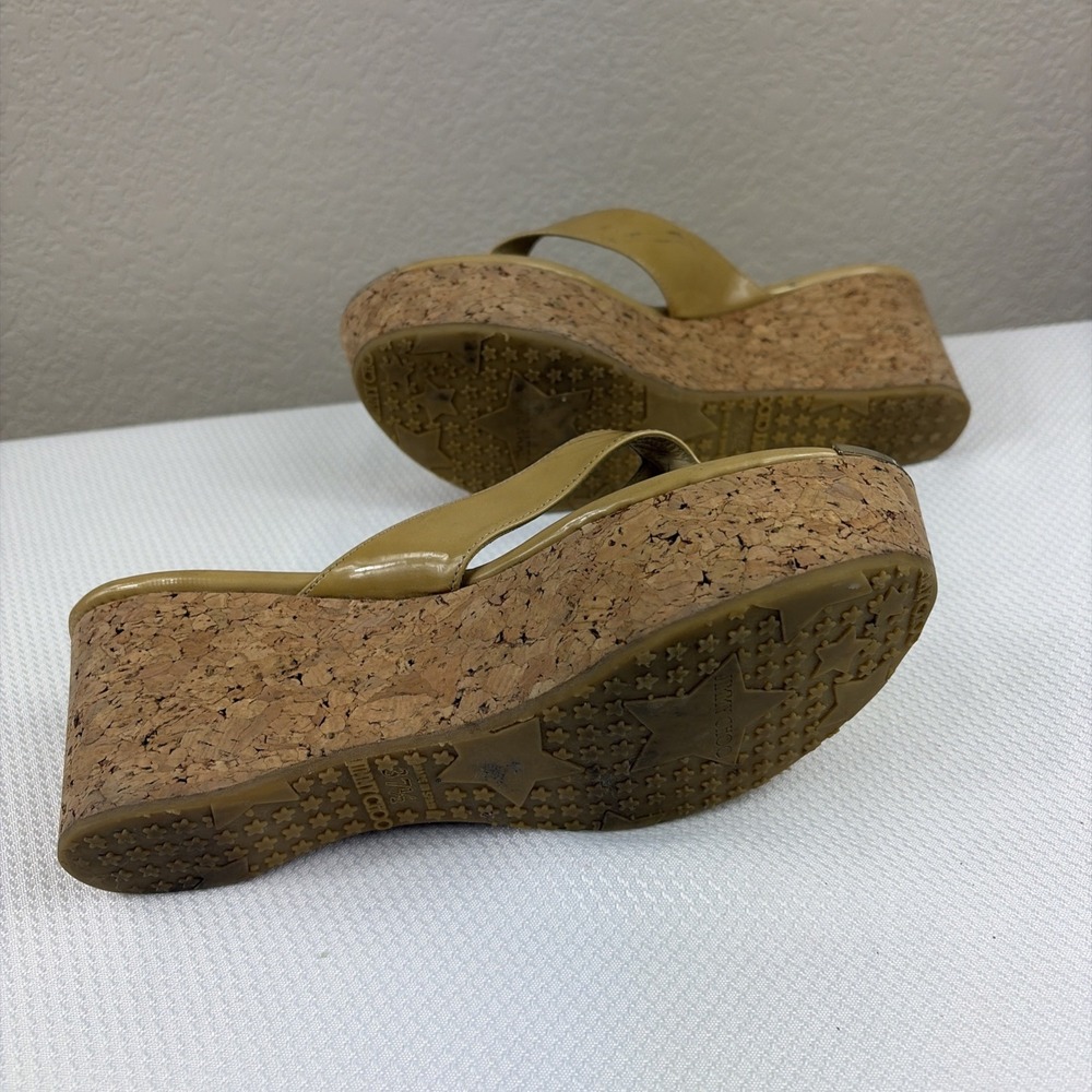 Jimmy Choo Pathos patent leather thong slip-on cork wedge sandals woman 37.5 - Picture 6 of 9